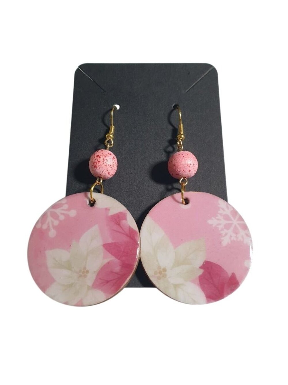 Pink White Poinsettia Drop Earring Round Beaded Hook Handmade By Donovan Jewelry